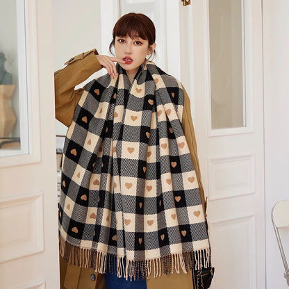 Women's Heart Pattern Plaid Blanket Scarf – Thick Winter Shawl Wrap