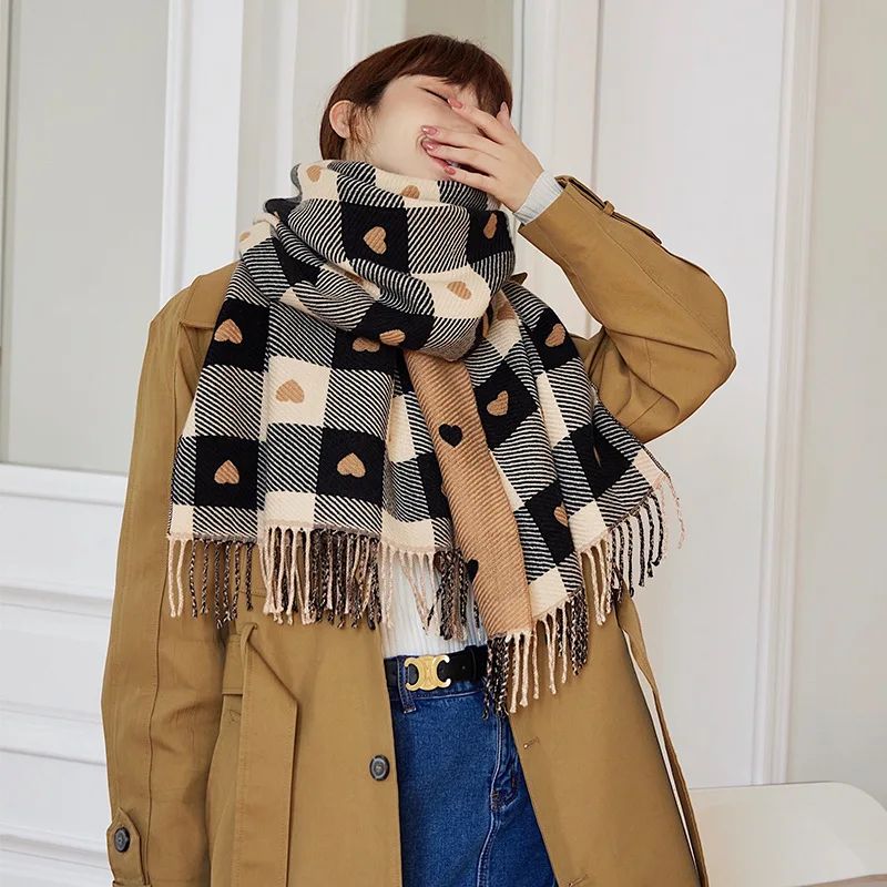 Women's Heart Pattern Plaid Blanket Scarf – Thick Winter Shawl Wrap