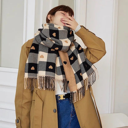 Women's Heart Pattern Plaid Blanket Scarf – Thick Winter Shawl Wrap