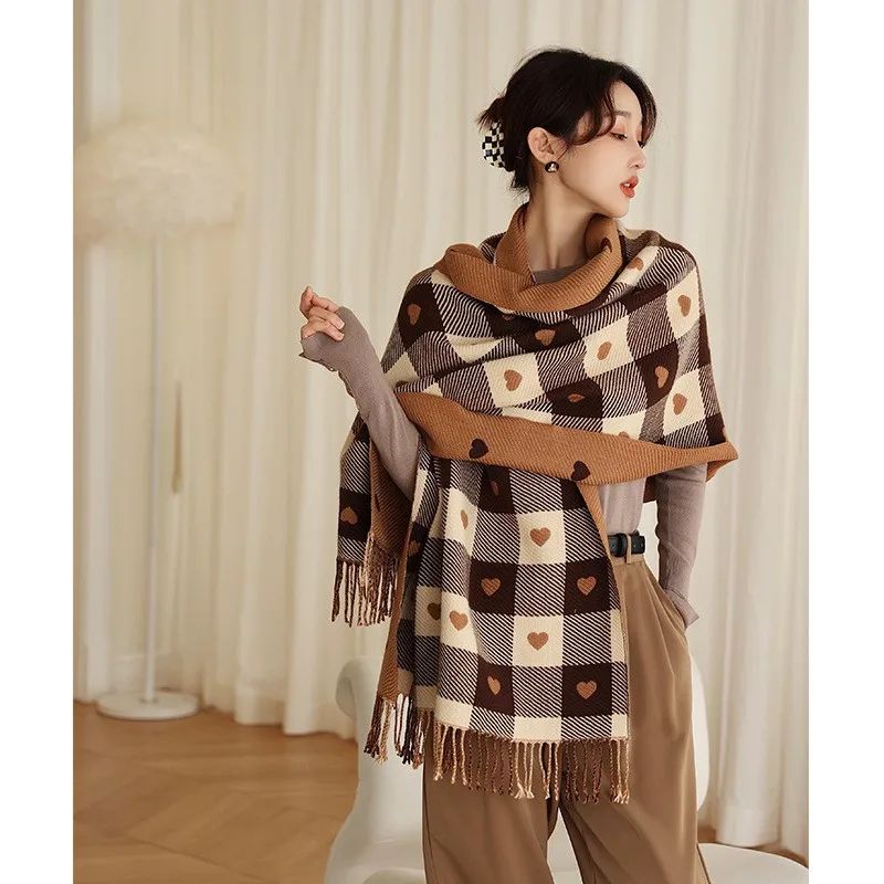 Women's Heart Pattern Plaid Blanket Scarf – Thick Winter Shawl Wrap