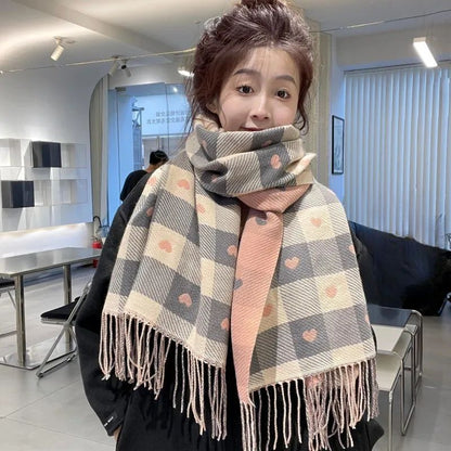 Women's Heart Pattern Plaid Blanket Scarf – Thick Winter Shawl Wrap