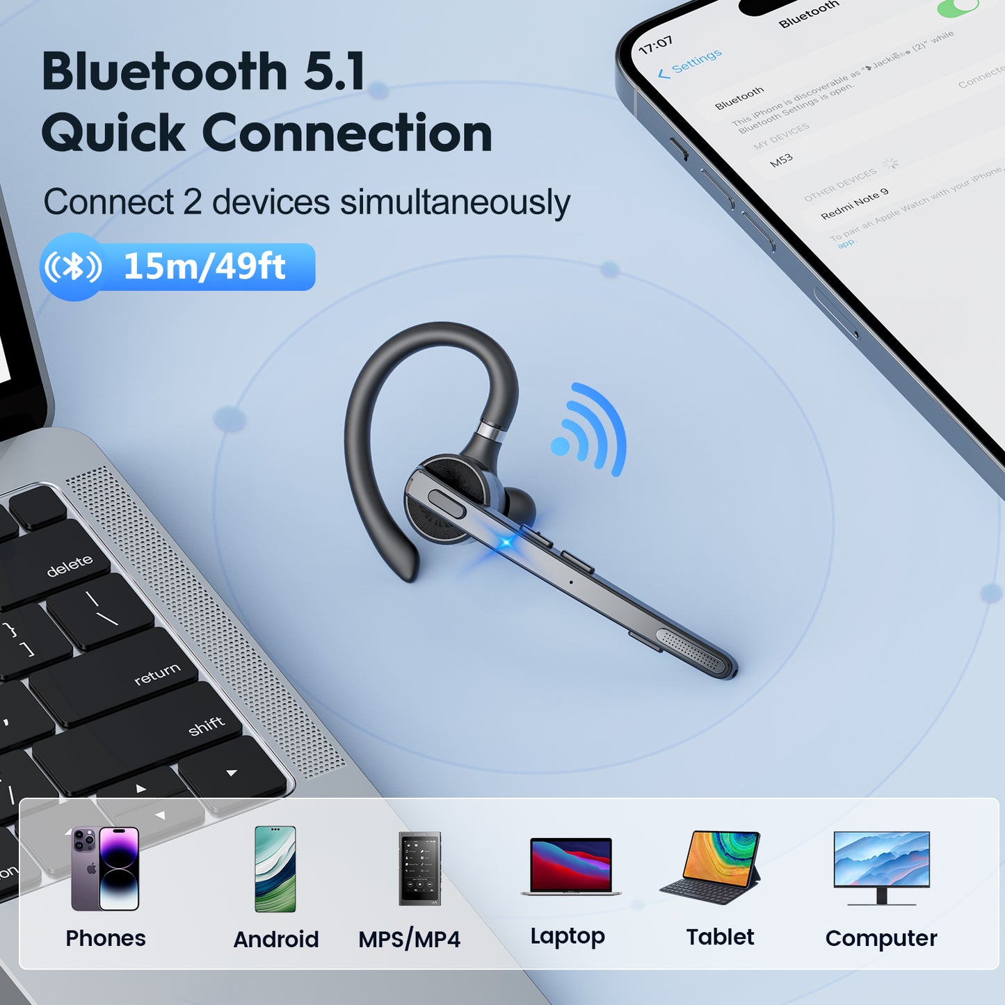 Bluetooth Headset Wireless Headphone Dual Mic Mute Noise Cancelling Earpiece for Handsfree Use
