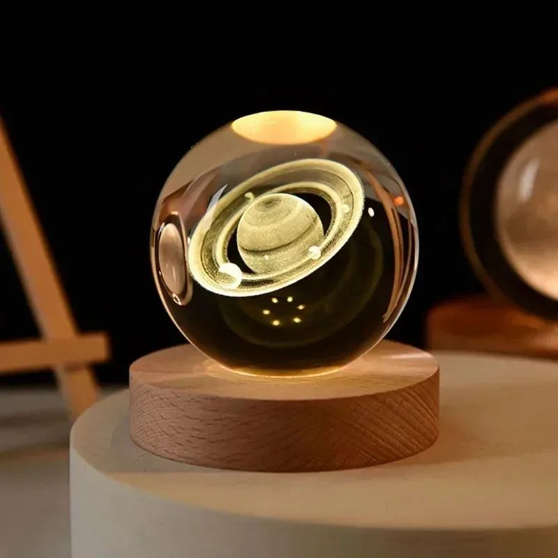 3D Crystal Ball Solar System LED Night Light – Astronaut Moon Planet Glass Globe Decor