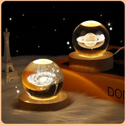 3D Crystal Ball Solar System LED Night Light – Astronaut Moon Planet Glass Globe Decor