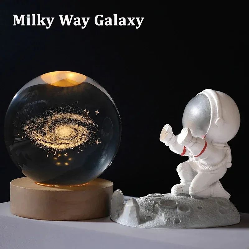 3D Crystal Ball Solar System LED Night Light – Astronaut Moon Planet Glass Globe Decor