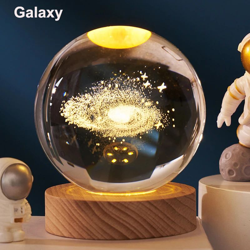 3D Crystal Ball Solar System LED Night Light – Astronaut Moon Planet Glass Globe Decor