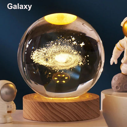 3D Crystal Ball Solar System LED Night Light – Astronaut Moon Planet Glass Globe Decor