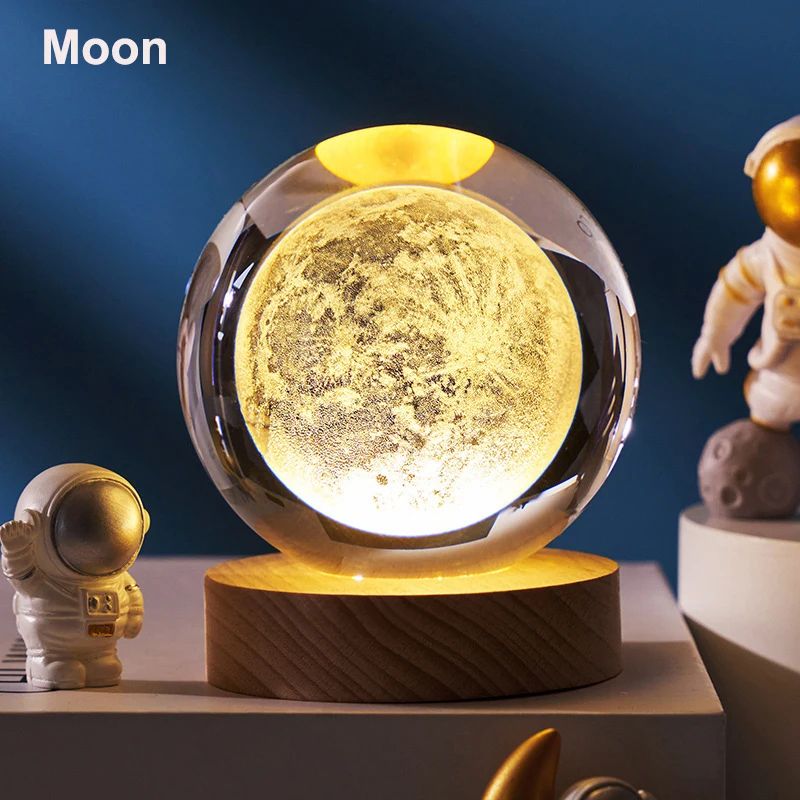 3D Crystal Ball Solar System LED Night Light – Astronaut Moon Planet Glass Globe Decor