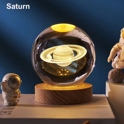 3D Crystal Ball Solar System LED Night Light – Astronaut Moon Planet Glass Globe Decor