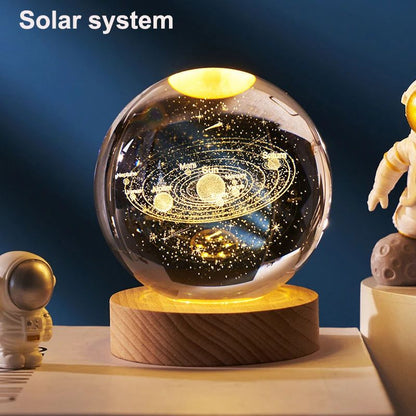 3D Crystal Ball Solar System LED Night Light – Astronaut Moon Planet Glass Globe Decor