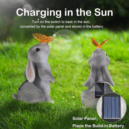 Solar Bunny Garden Statue LED Butterfly Light Outdoor Decor Figurine