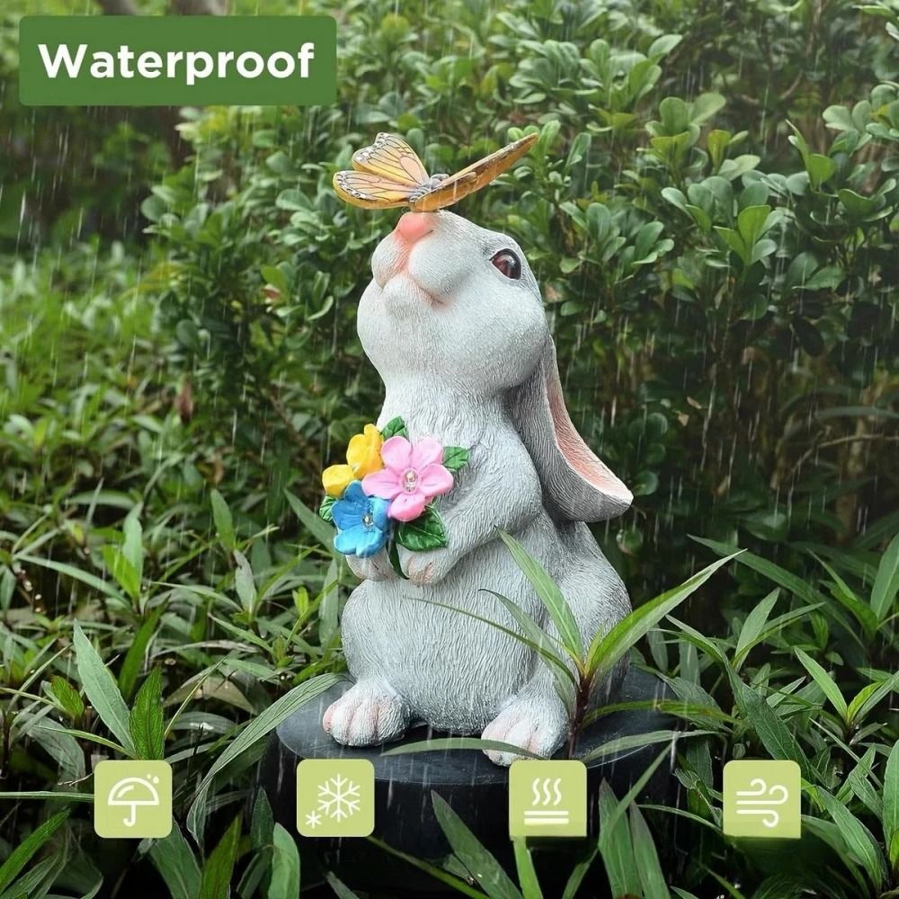 Solar Bunny Garden Statue LED Butterfly Light Outdoor Decor Figurine
