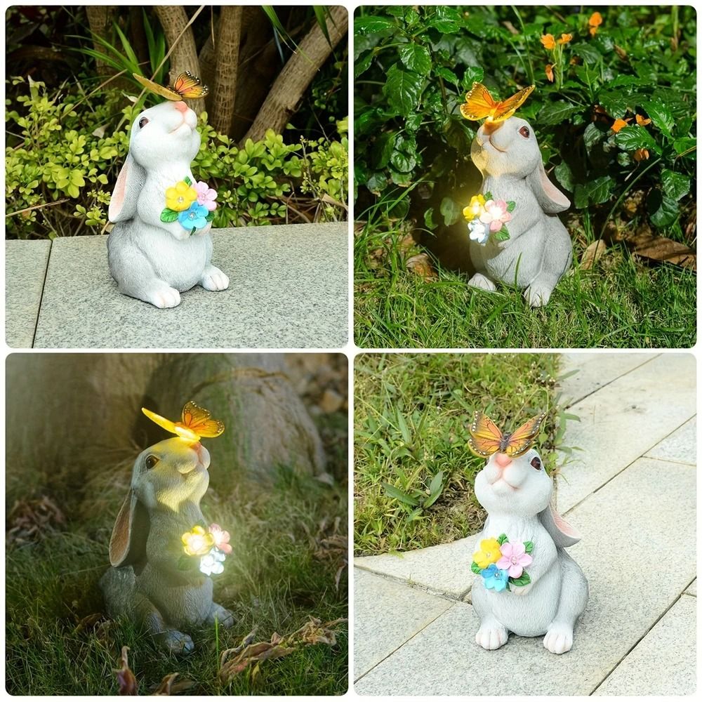 Solar Bunny Garden Statue LED Butterfly Light Outdoor Decor Figurine
