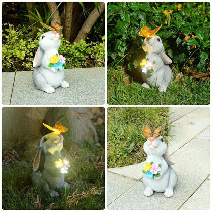 Solar Bunny Garden Statue LED Butterfly Light Outdoor Decor Figurine