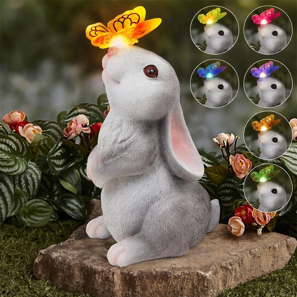 Solar Bunny Garden Statue LED Butterfly Light Outdoor Decor Figurine