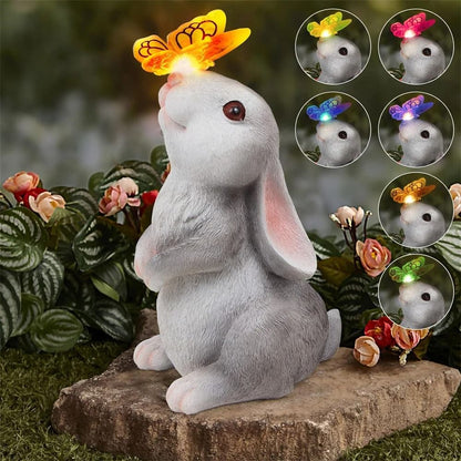 Solar Bunny Garden Statue LED Butterfly Light Outdoor Decor Figurine