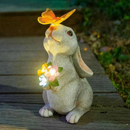 Solar Bunny Garden Statue LED Butterfly Light Outdoor Decor Figurine