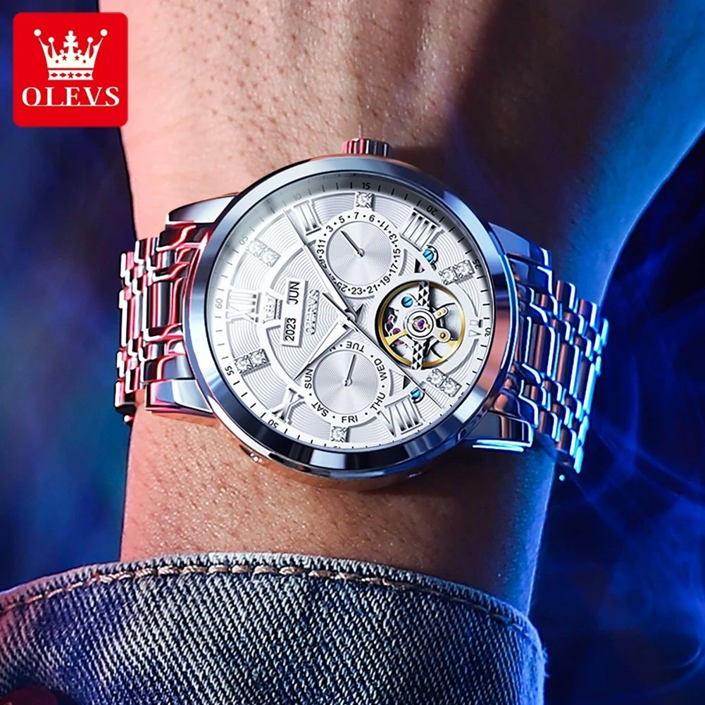 OLEVS Skeleton Flywheel Automatic Mechanical Watch for Men