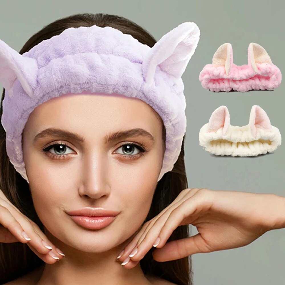 Soft Coral Plush Hairband with Cute Cat Bow Perfect Makeup and Face Wash Headband