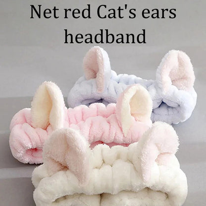 Soft Coral Plush Hairband with Cute Cat Bow Perfect Makeup and Face Wash Headband
