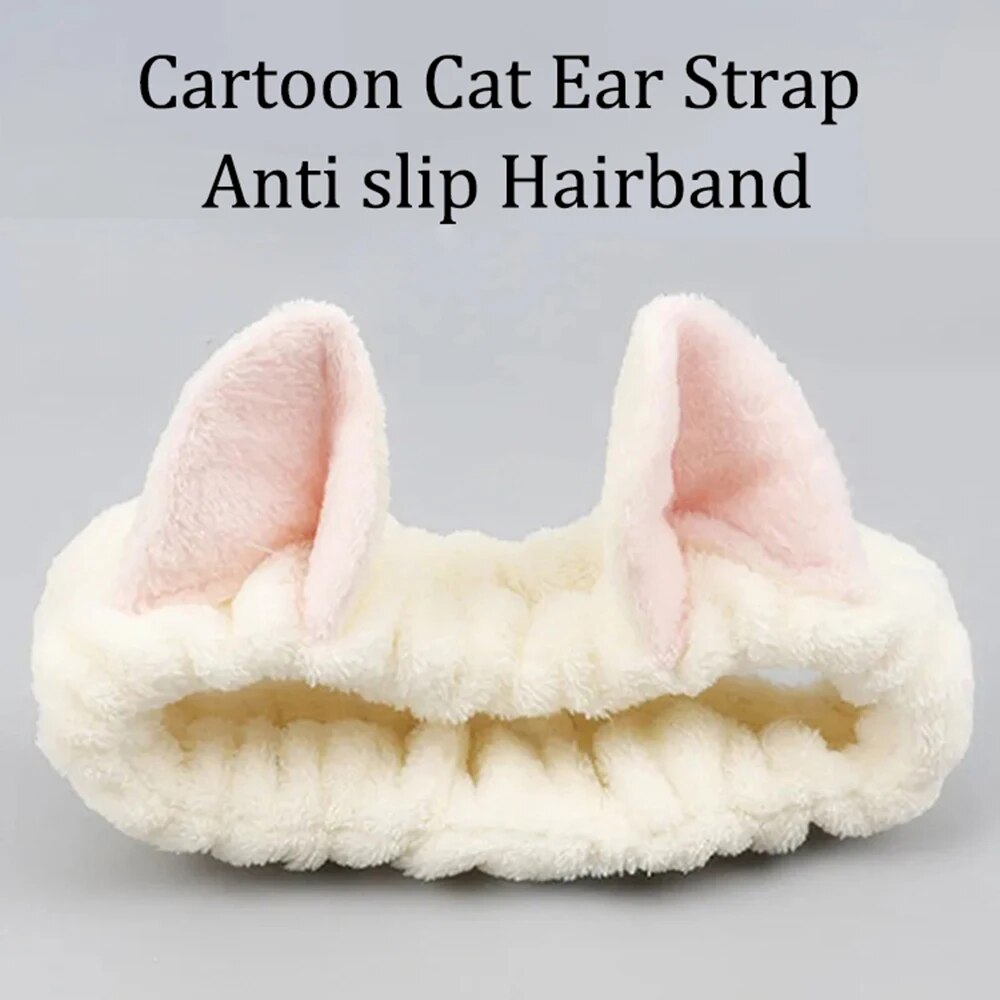 Soft Coral Plush Hairband with Cute Cat Bow Perfect Makeup and Face Wash Headband