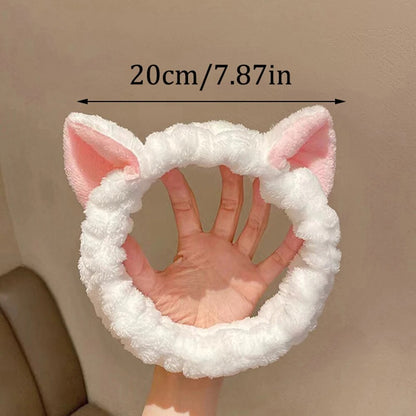 Soft Coral Plush Hairband with Cute Cat Bow Perfect Makeup and Face Wash Headband