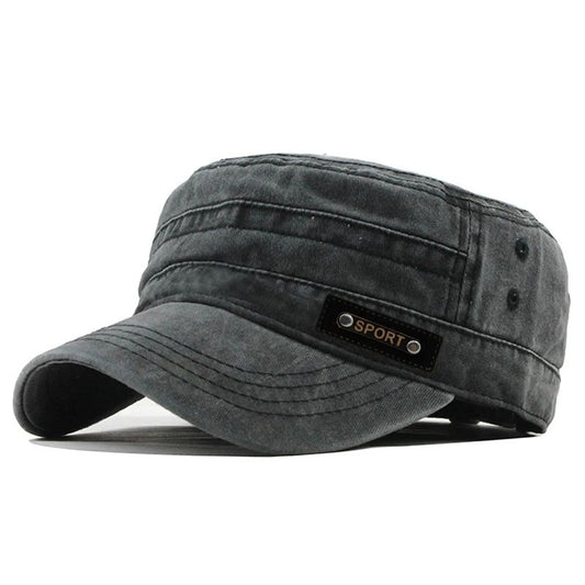 Mens Washed Cotton Military Cap – Flat Top Sun Protection Cadet Hat
