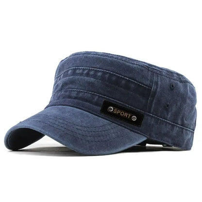 Mens Washed Cotton Military Cap – Flat Top Sun Protection Cadet Hat