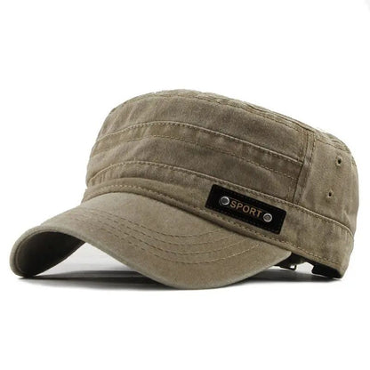 Mens Washed Cotton Military Cap – Flat Top Sun Protection Cadet Hat
