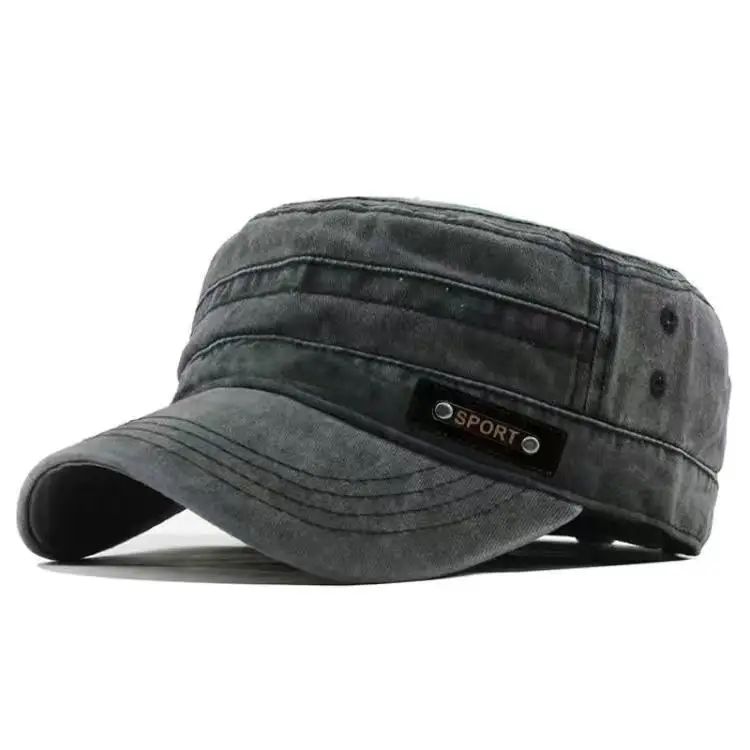 Mens Washed Cotton Military Cap – Flat Top Sun Protection Cadet Hat