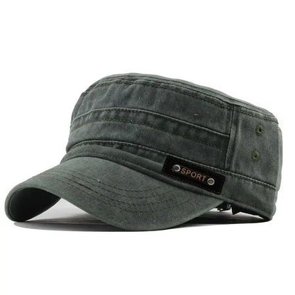 Mens Washed Cotton Military Cap – Flat Top Sun Protection Cadet Hat