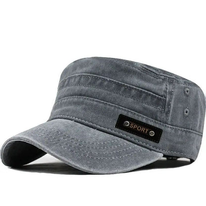 Mens Washed Cotton Military Cap – Flat Top Sun Protection Cadet Hat