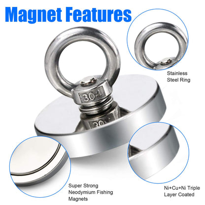 Super Strong Neodymium Fishing Magnet with Eyebolt for Salvage and Magnetic Fishing Heavy Duty Hook