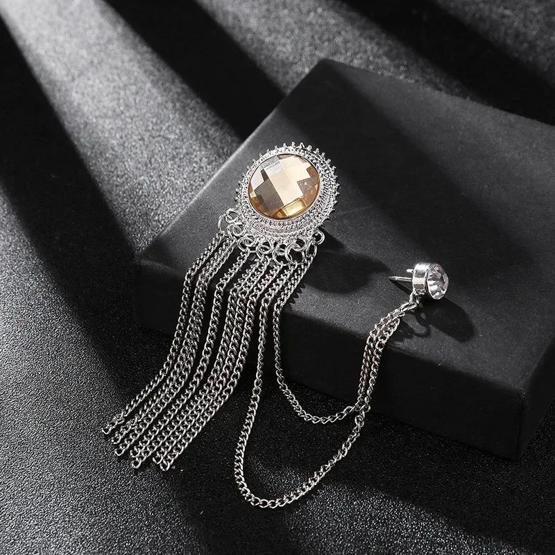 Luxury Rhinestone Tassel Brooch Pin for Men