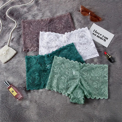 Lace Mesh Seamless Boyshorts Breathable Floral Jacquard Panties
