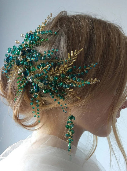 Bohe Green Vine Bridal Headband Crystal Headdress and Earrings Wedding Hair Accessories
