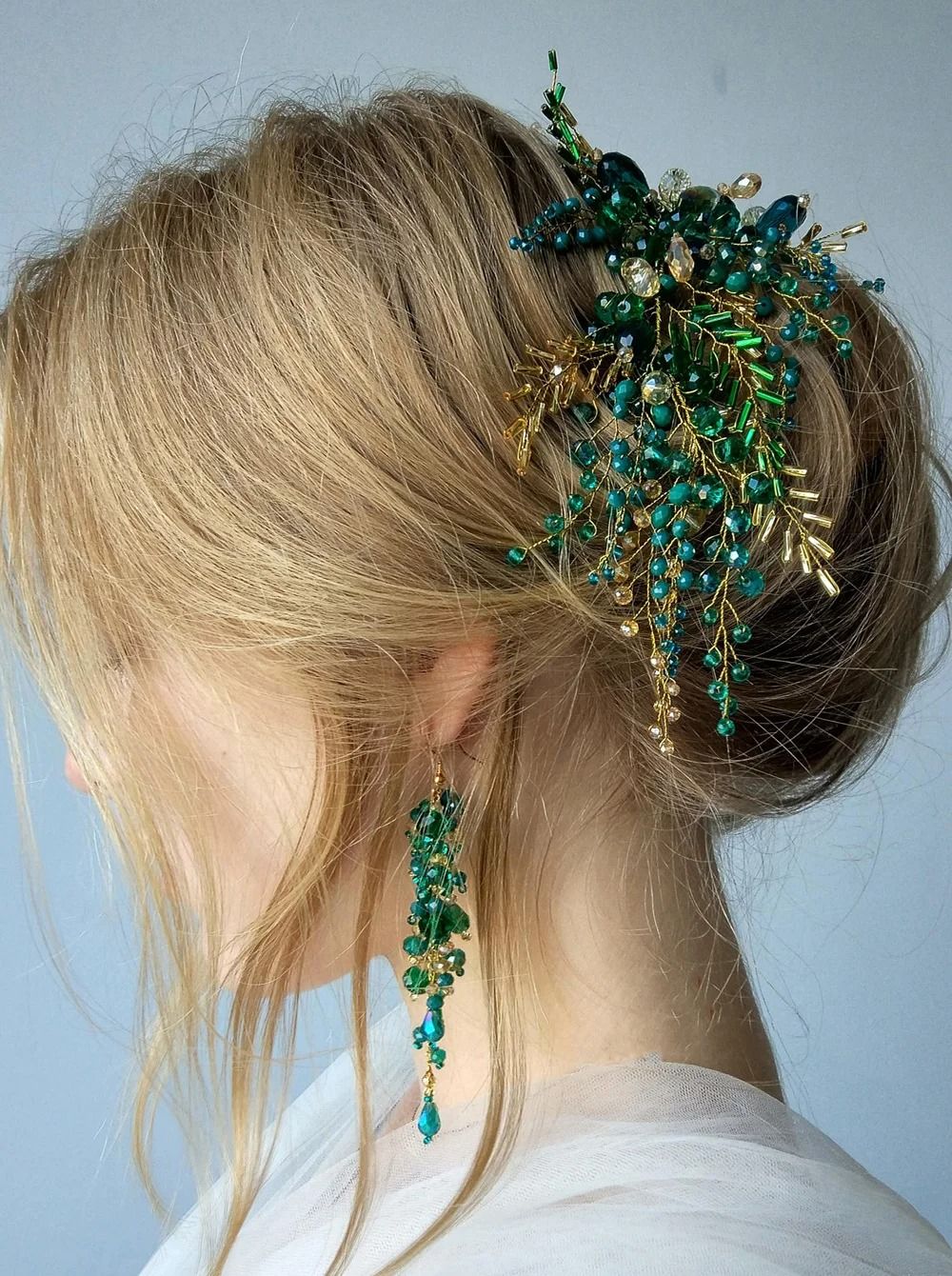 Bohe Green Vine Bridal Headband Crystal Headdress and Earrings Wedding Hair Accessories