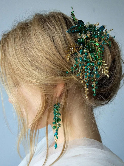 Bohe Green Vine Bridal Headband Crystal Headdress and Earrings Wedding Hair Accessories