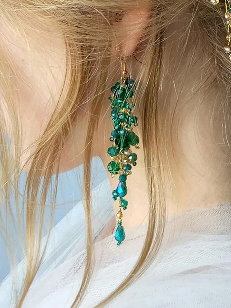 Bohe Green Vine Bridal Headband Crystal Headdress and Earrings Wedding Hair Accessories