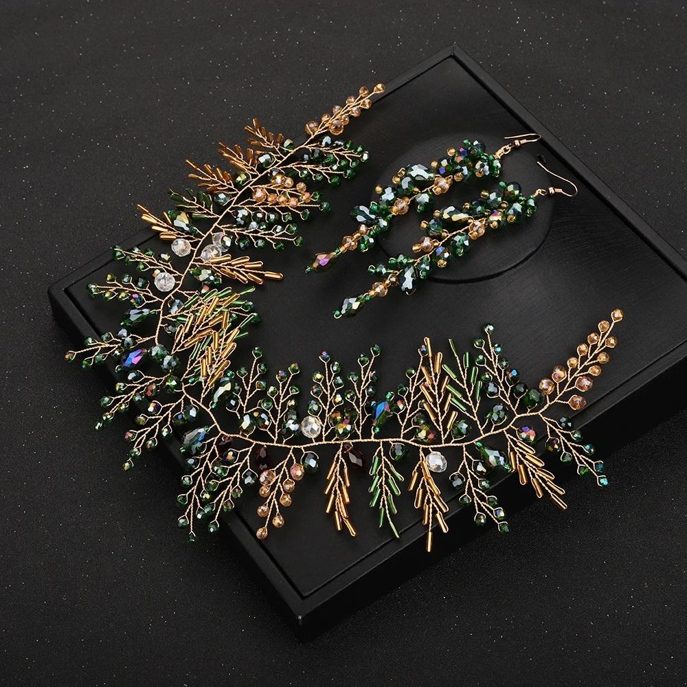 Bohe Green Vine Bridal Headband Crystal Headdress and Earrings Wedding Hair Accessories