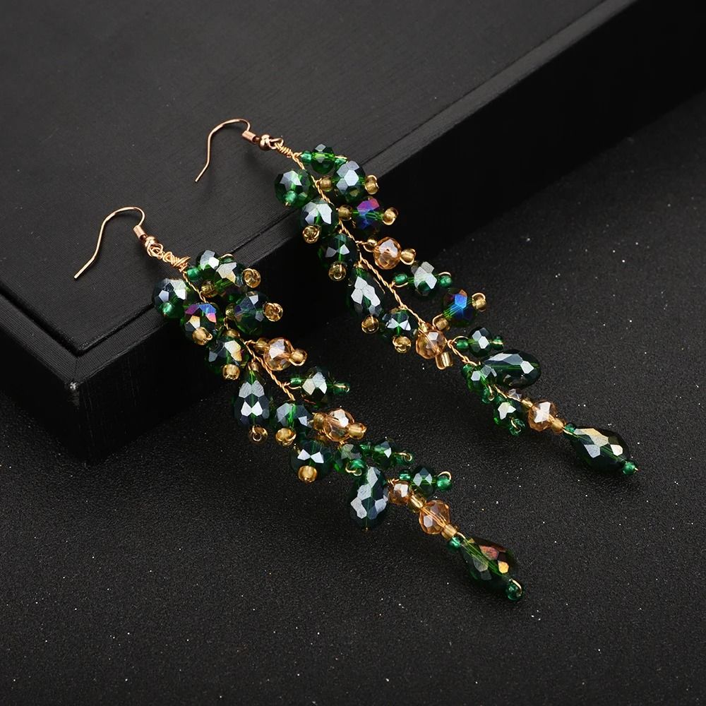 Bohe Green Vine Bridal Headband Crystal Headdress and Earrings Wedding Hair Accessories