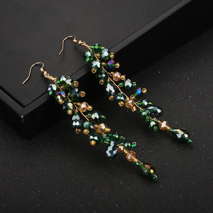 Bohe Green Vine Bridal Headband Crystal Headdress and Earrings Wedding Hair Accessories