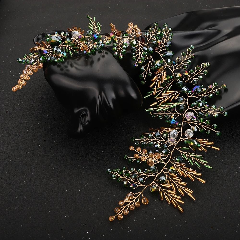 Bohe Green Vine Bridal Headband Crystal Headdress and Earrings Wedding Hair Accessories