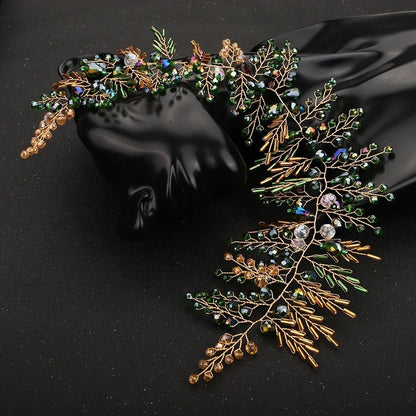 Bohe Green Vine Bridal Headband Crystal Headdress and Earrings Wedding Hair Accessories