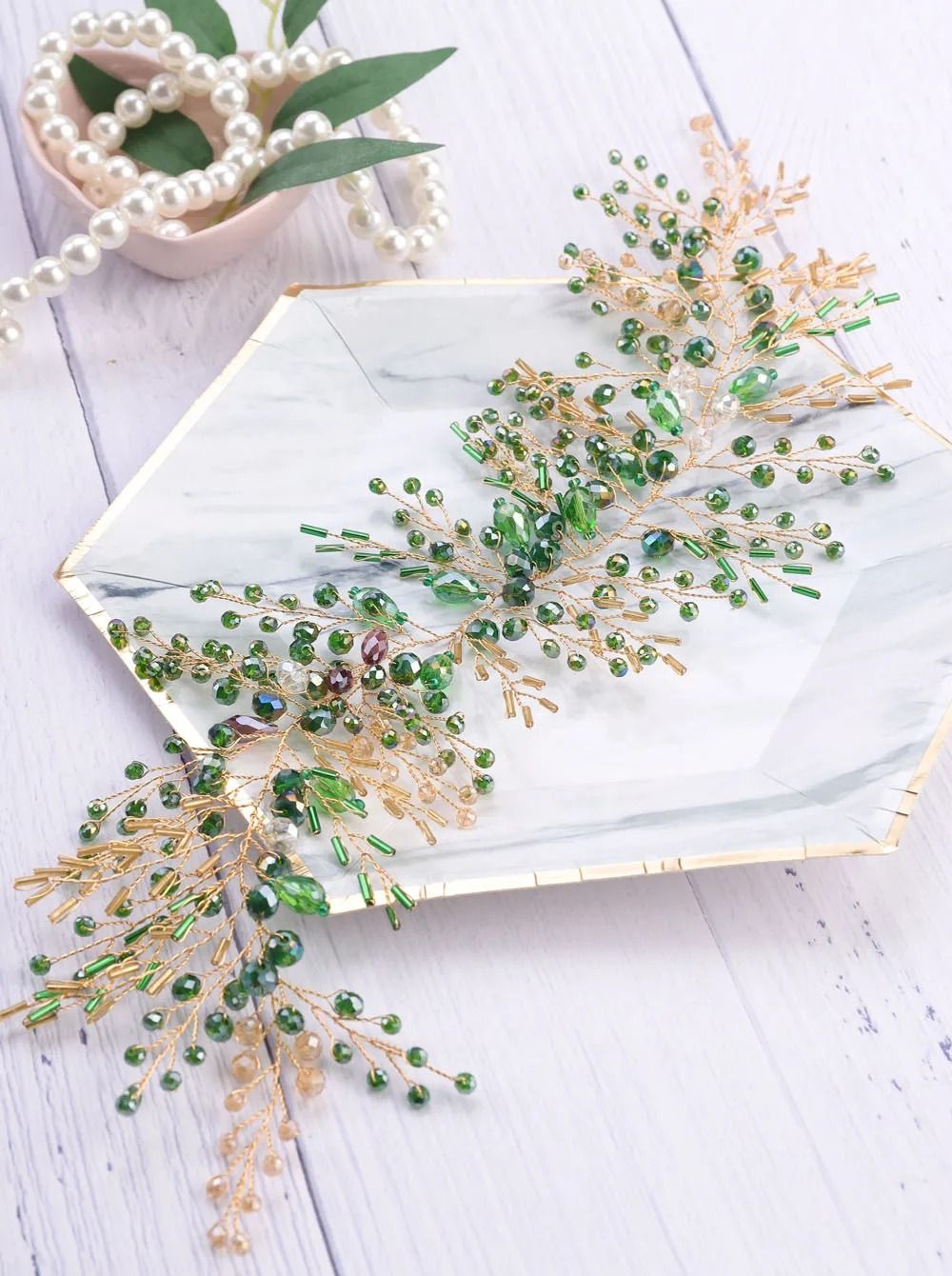 Bohe Green Vine Bridal Headband Crystal Headdress and Earrings Wedding Hair Accessories