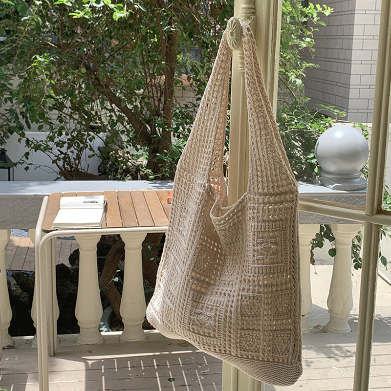 Womens Crochet Tote Bag Casual Hollow Knit Shoulder Shopping Handbag