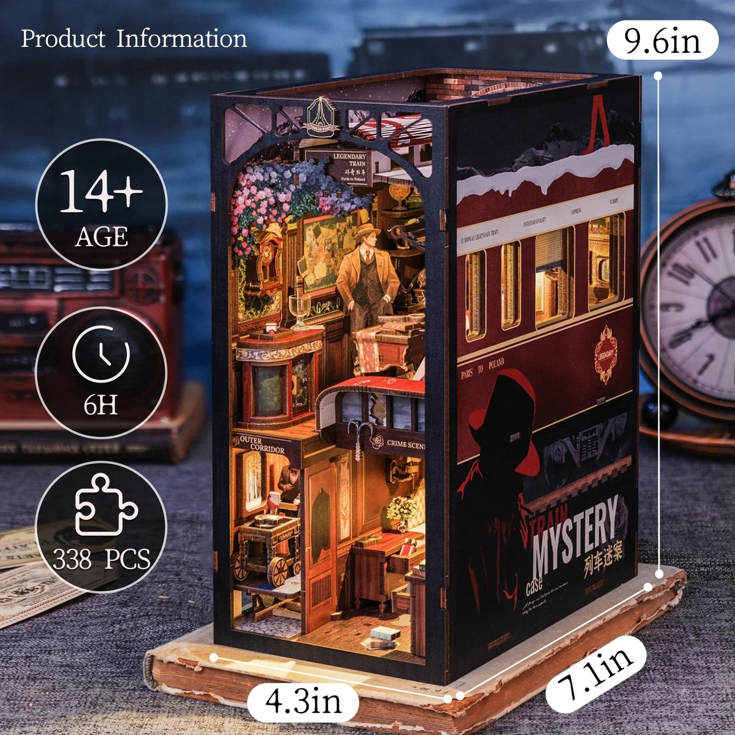 CUTEBEE Detective Train Mystery Book Nook Kit – DIY 3D Wooden Puzzle Bookshelf Insert