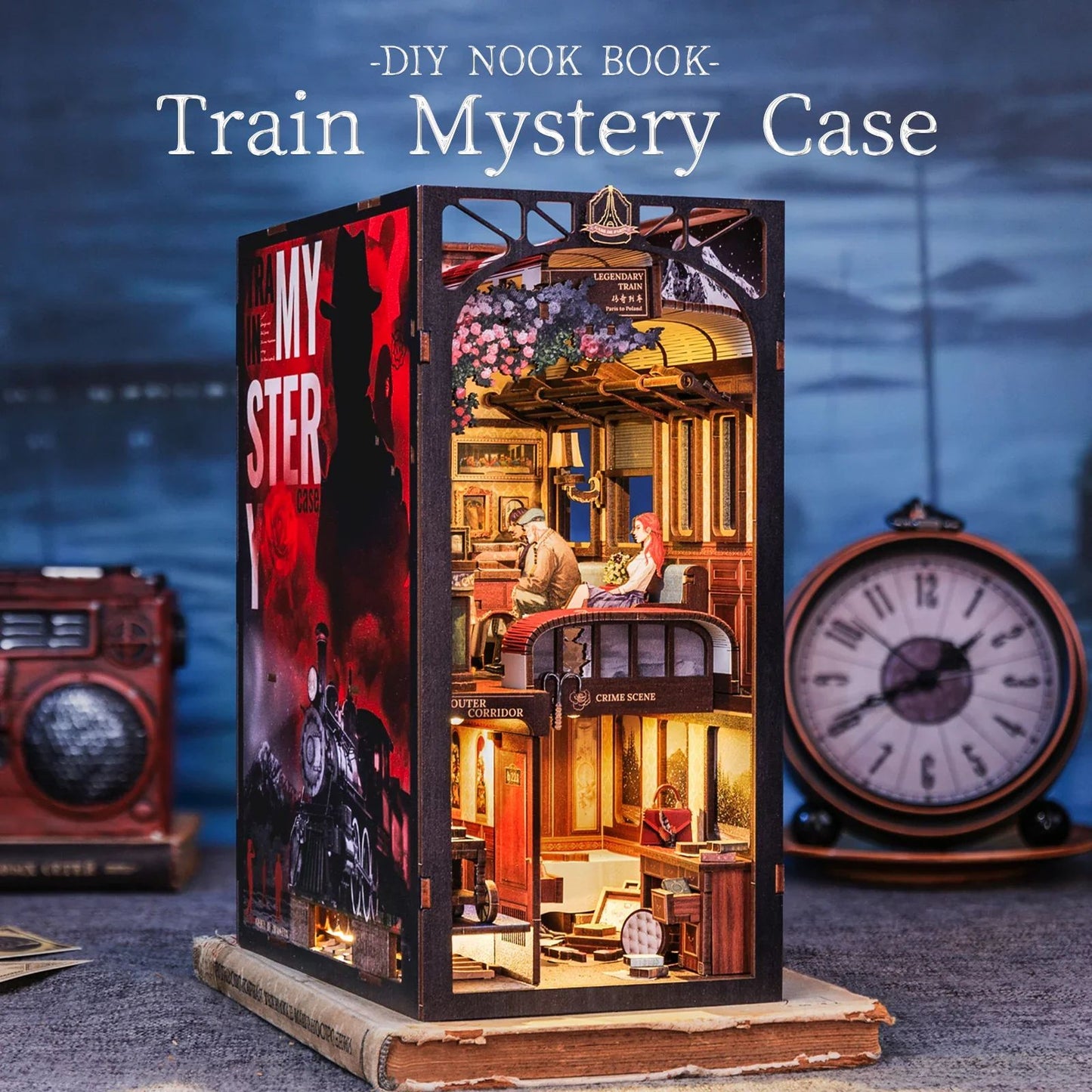 CUTEBEE Detective Train Mystery Book Nook Kit – DIY 3D Wooden Puzzle Bookshelf Insert