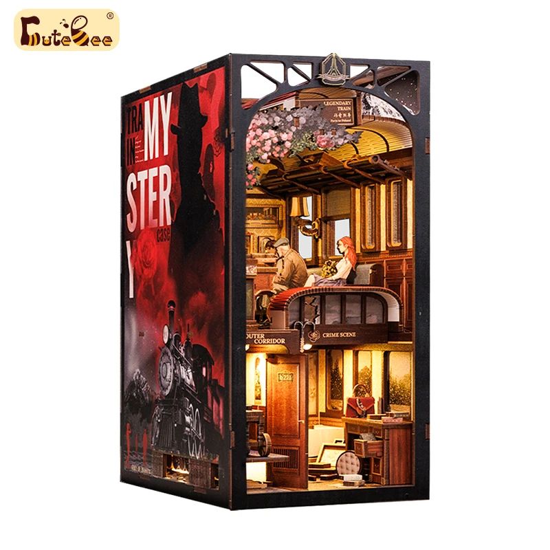 CUTEBEE Detective Train Mystery Book Nook Kit – DIY 3D Wooden Puzzle Bookshelf Insert