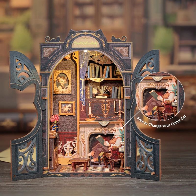 CUTEBEE Count Cat's Study DIY Book Nook Kit – Wooden 3D Puzzle Bookshelf Insert with Lights